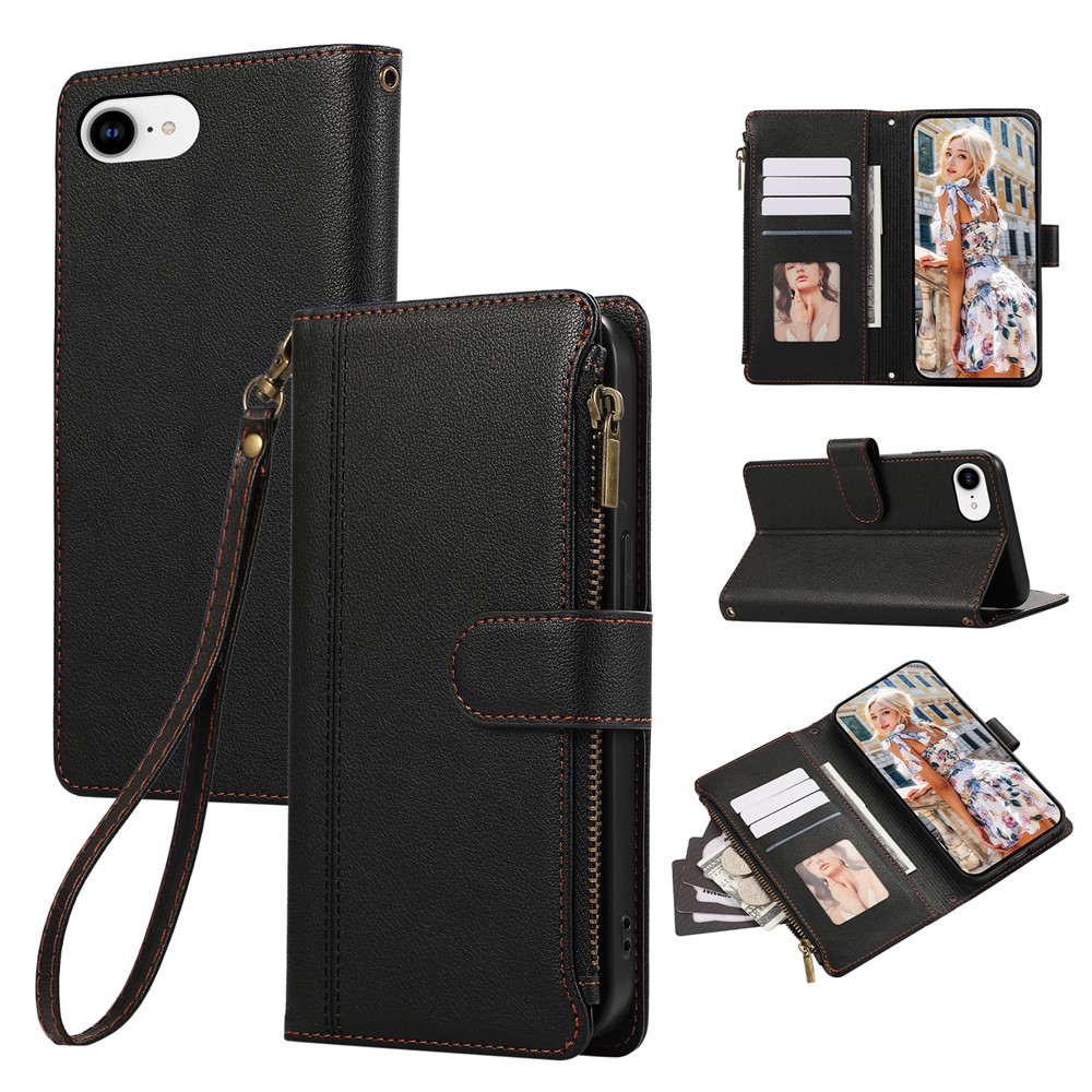 For iPhone 16e Case Multi Card Slots Zipper Leather Phone Cover with Wrist Strap - Black