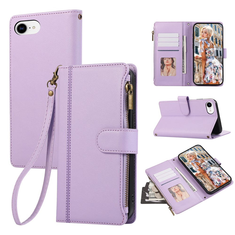 For iPhone 16e Case Multi Card Slots Zipper Leather Phone Cover with Wrist Strap - Purple