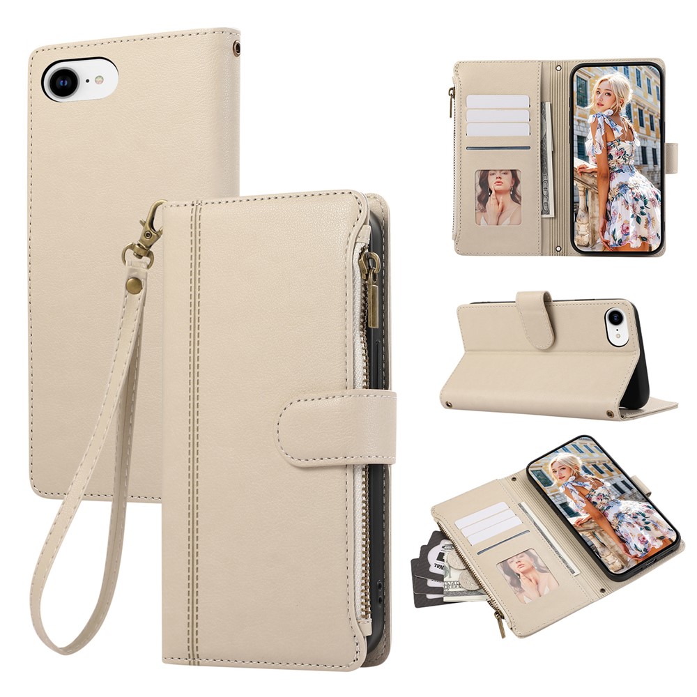For iPhone 16e Case Multi Card Slots Zipper Leather Phone Cover with Wrist Strap - Beige