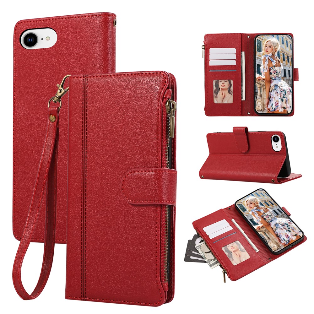 For iPhone 16e Case Multi Card Slots Zipper Leather Phone Cover with Wrist Strap - Red