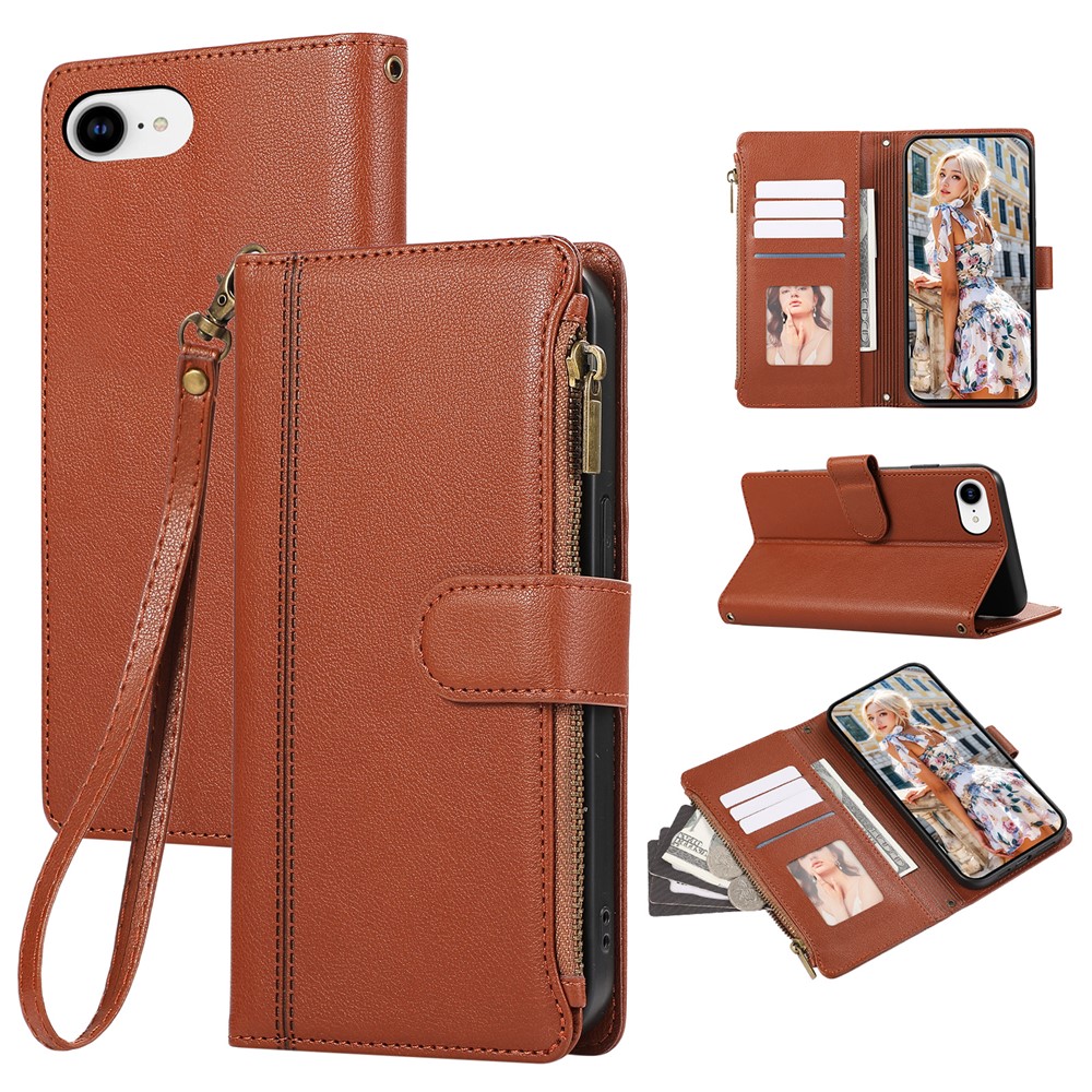 For iPhone 16e Case Multi Card Slots Zipper Leather Phone Cover with Wrist Strap - Brown