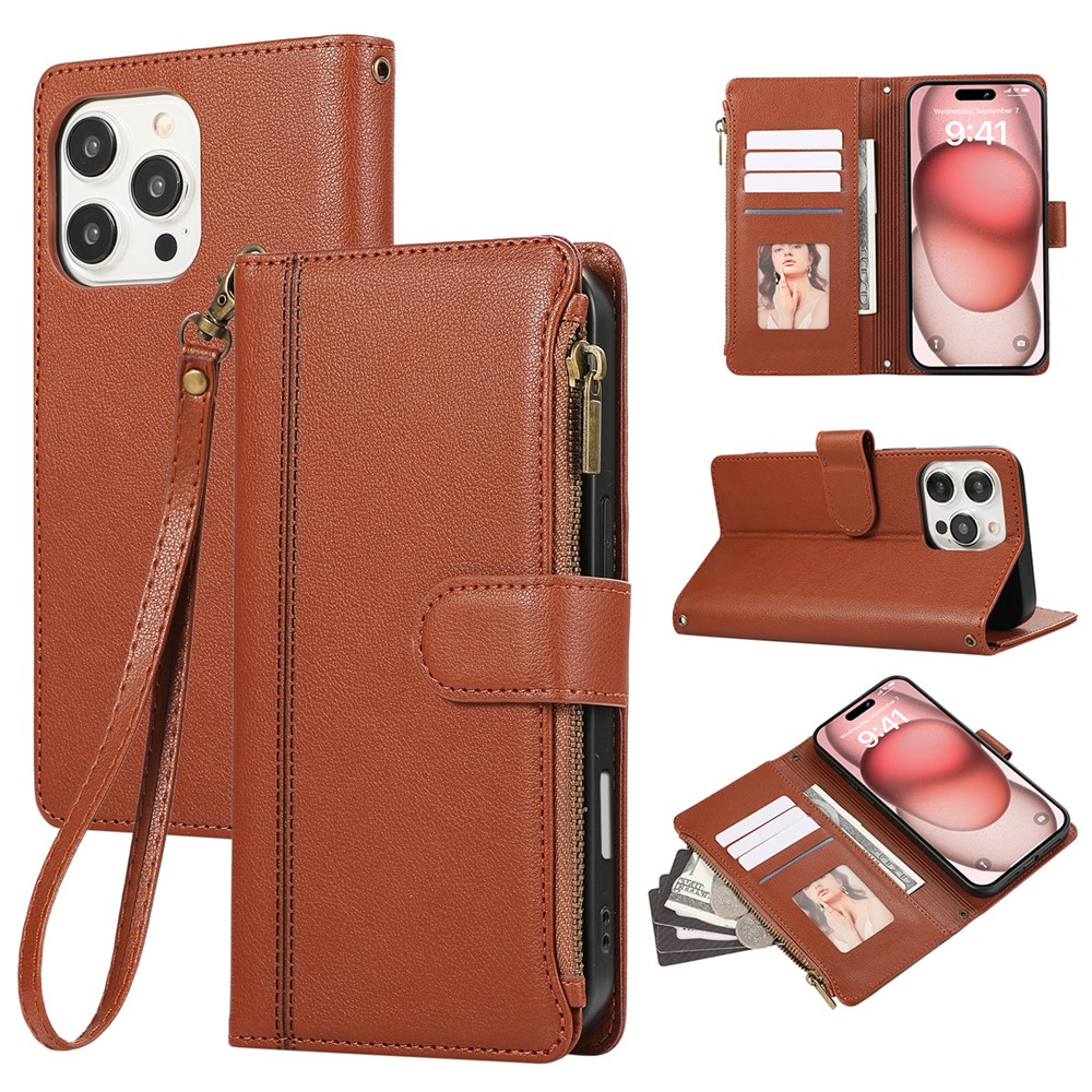 For iPhone 16 Pro Case Multi Card Slots Zipper Leather Phone Cover with Wrist Strap - Brown