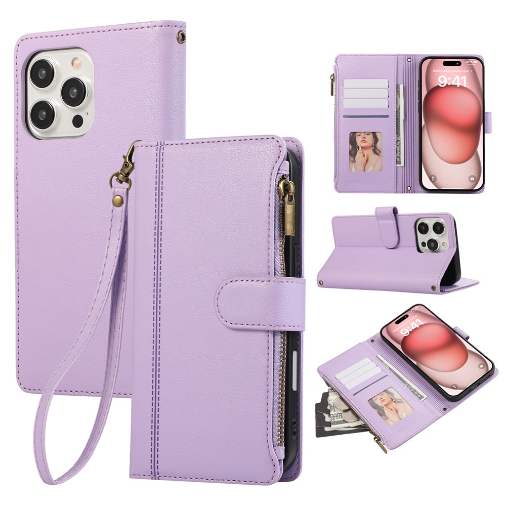 For iPhone 16 Pro Case Multi Card Slots Zipper Leather Phone Cover with Wrist Strap - Purple