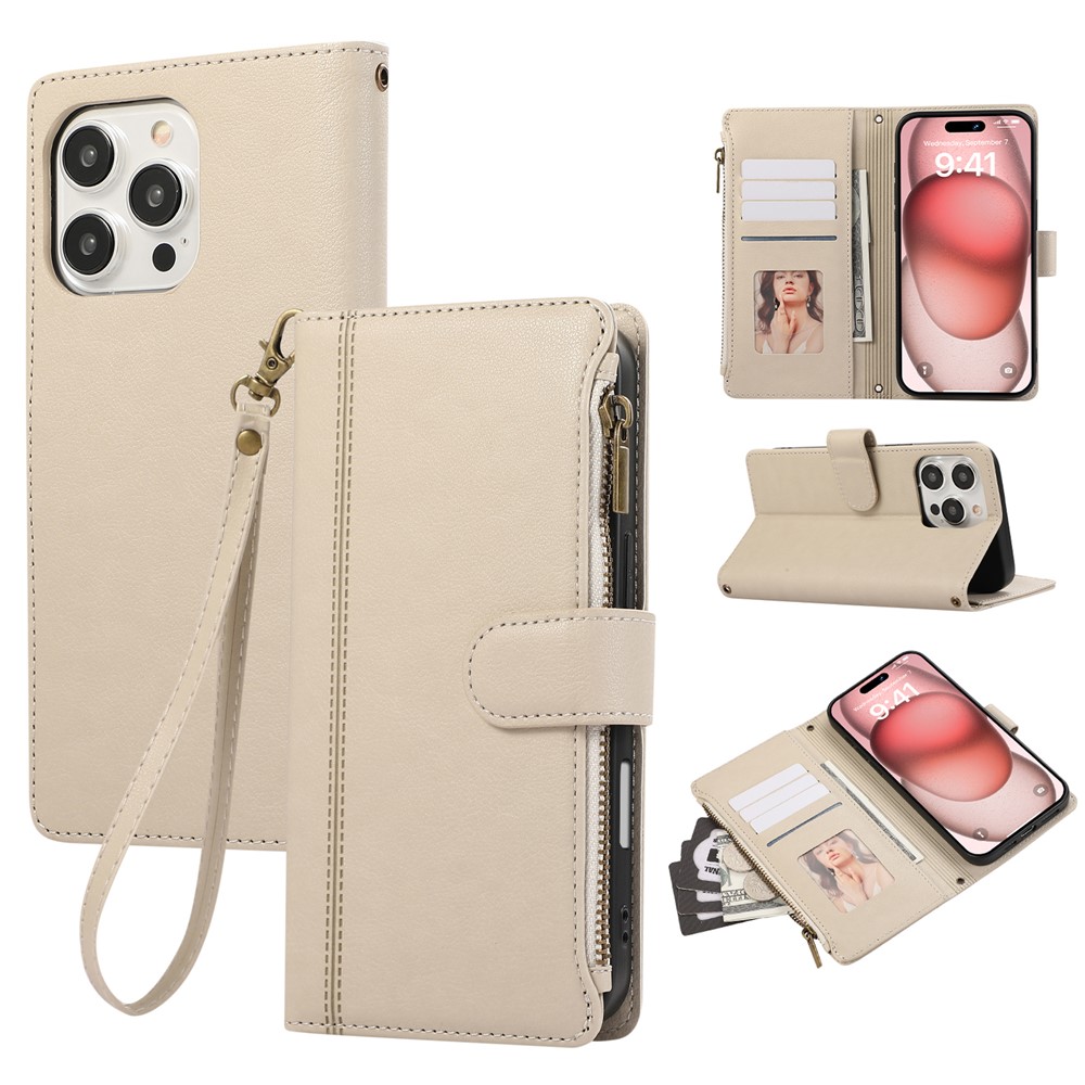 For iPhone 16 Pro Case Multi Card Slots Zipper Leather Phone Cover with Wrist Strap - Beige