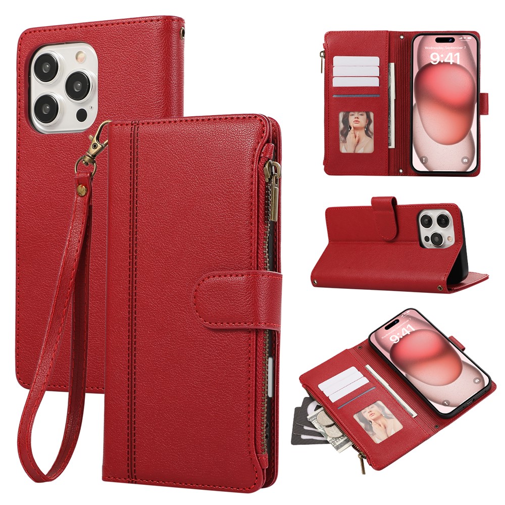 For iPhone 16 Pro Max Case Multi Card Slots Zipper Leather Phone Cover with Wrist Strap - Red