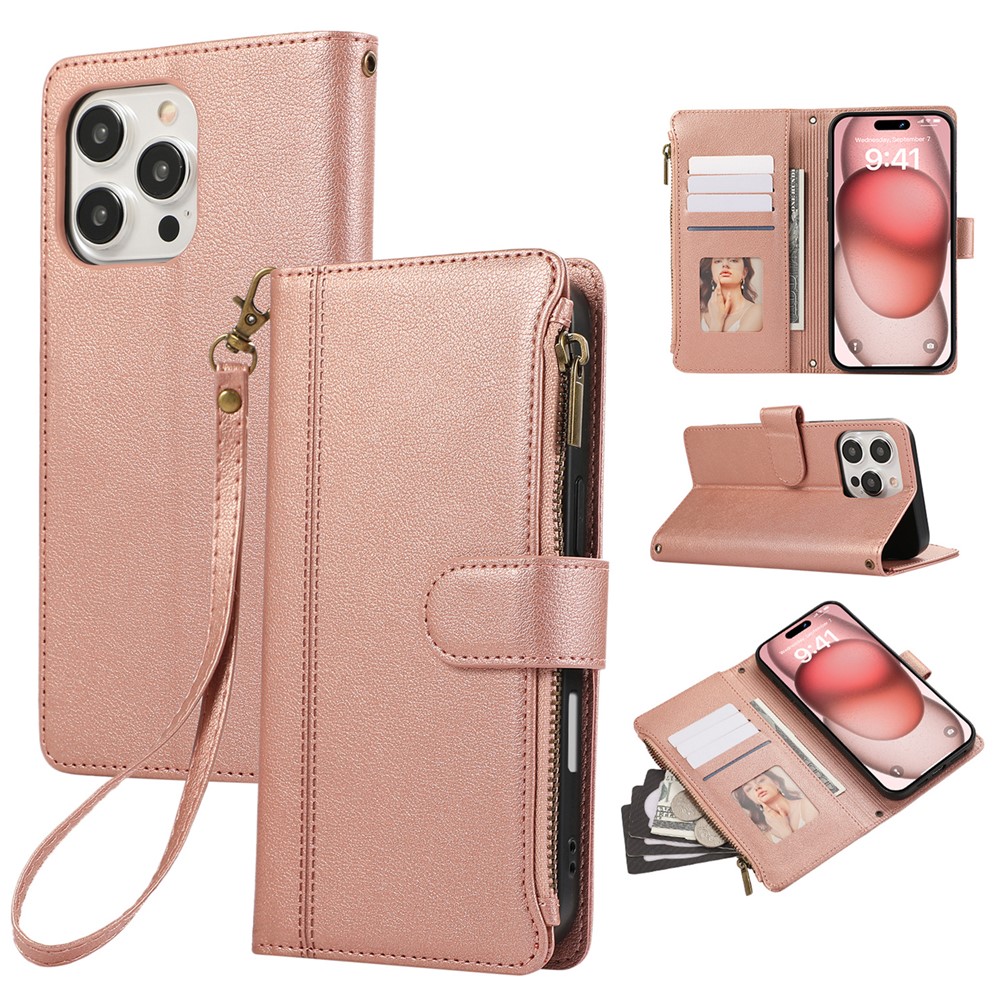For iPhone 16 Pro Max Case Multi Card Slots Zipper Leather Phone Cover with Wrist Strap - Rose Gold