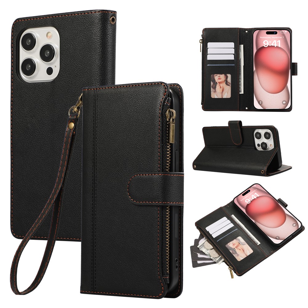 For iPhone 16 Pro Max Case Multi Card Slots Zipper Leather Phone Cover with Wrist Strap - Black