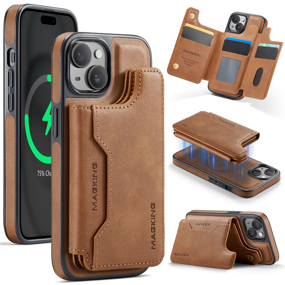 MAGKING K3 Series For iPhone 15 Case Compatible with MagSafe Wallet PC + TPU + PU Phone Cover - Brown