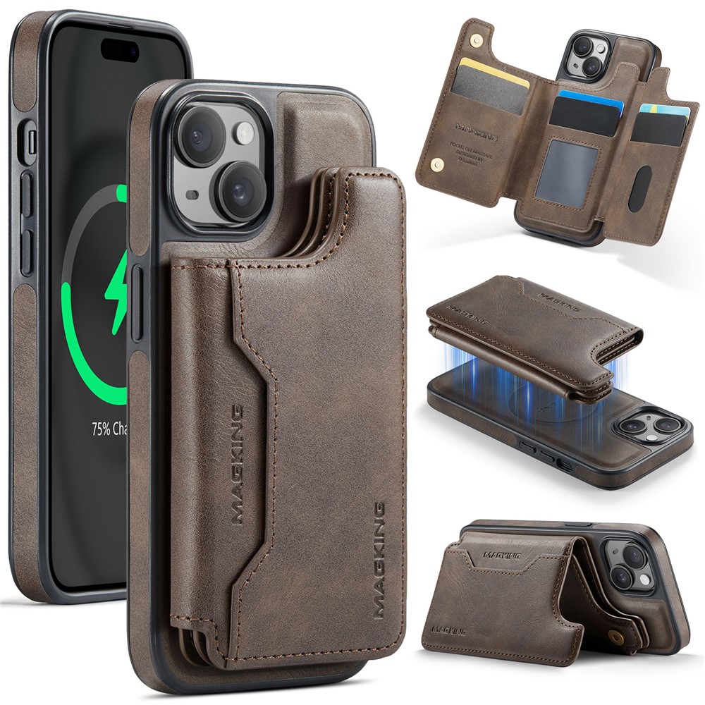 MAGKING K3 Series For iPhone 15 Case Compatible with MagSafe Wallet PC + TPU + PU Phone Cover - Coffee