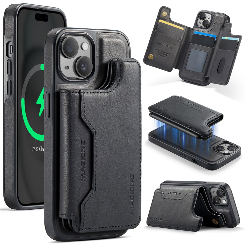 MAGKING K3 Series For iPhone 15 Case Compatible with MagSafe Wallet PC + TPU + PU Phone Cover - Black