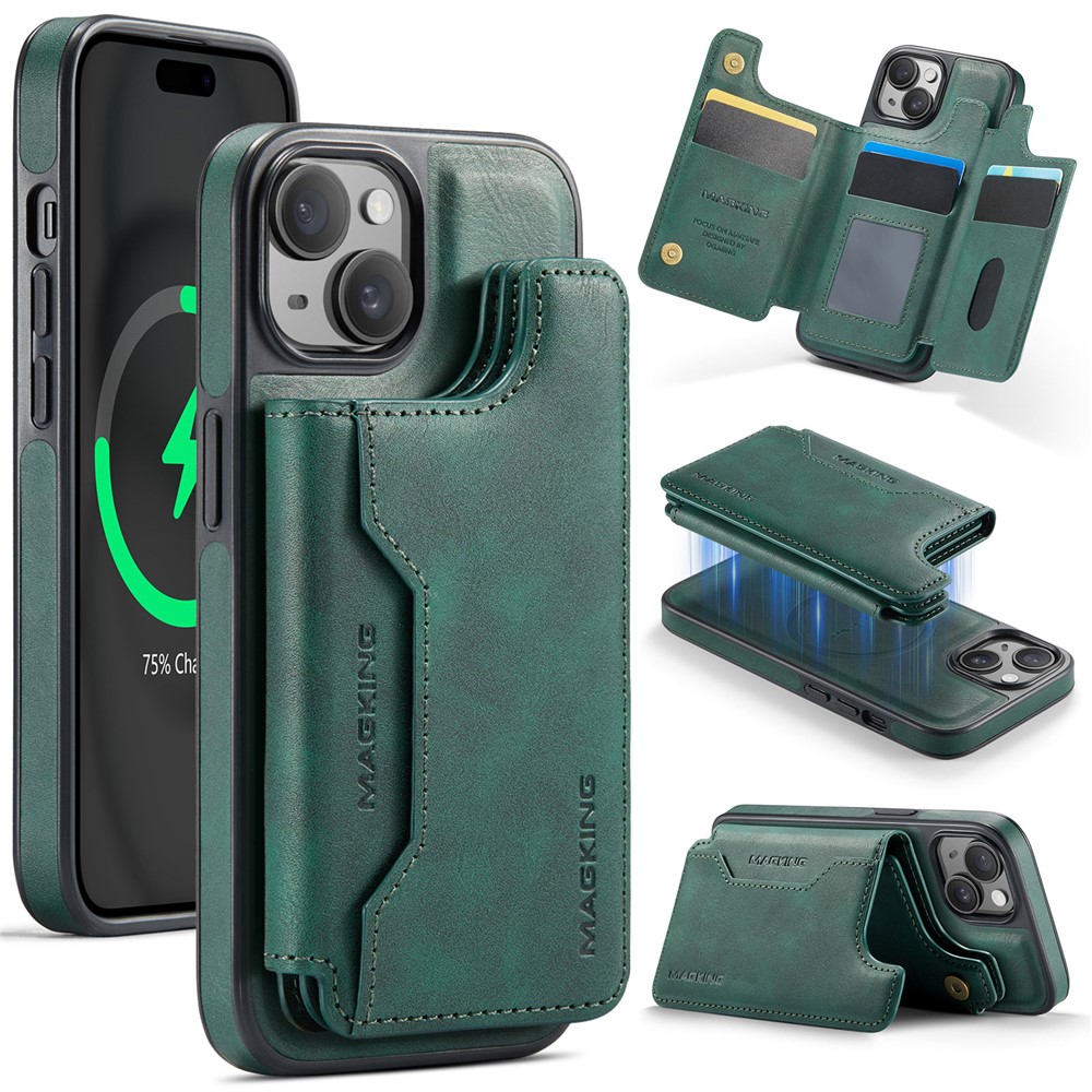 MAGKING K3 Series For iPhone 15 Case Compatible with MagSafe Wallet PC + TPU + PU Phone Cover - Green