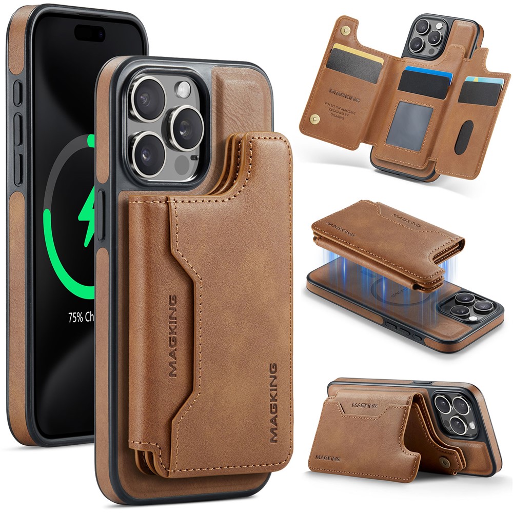 MAGKING K3 Series For iPhone 15 Pro Case Compatible with MagSafe Wallet PC + TPU + PU Phone Cover - Brown