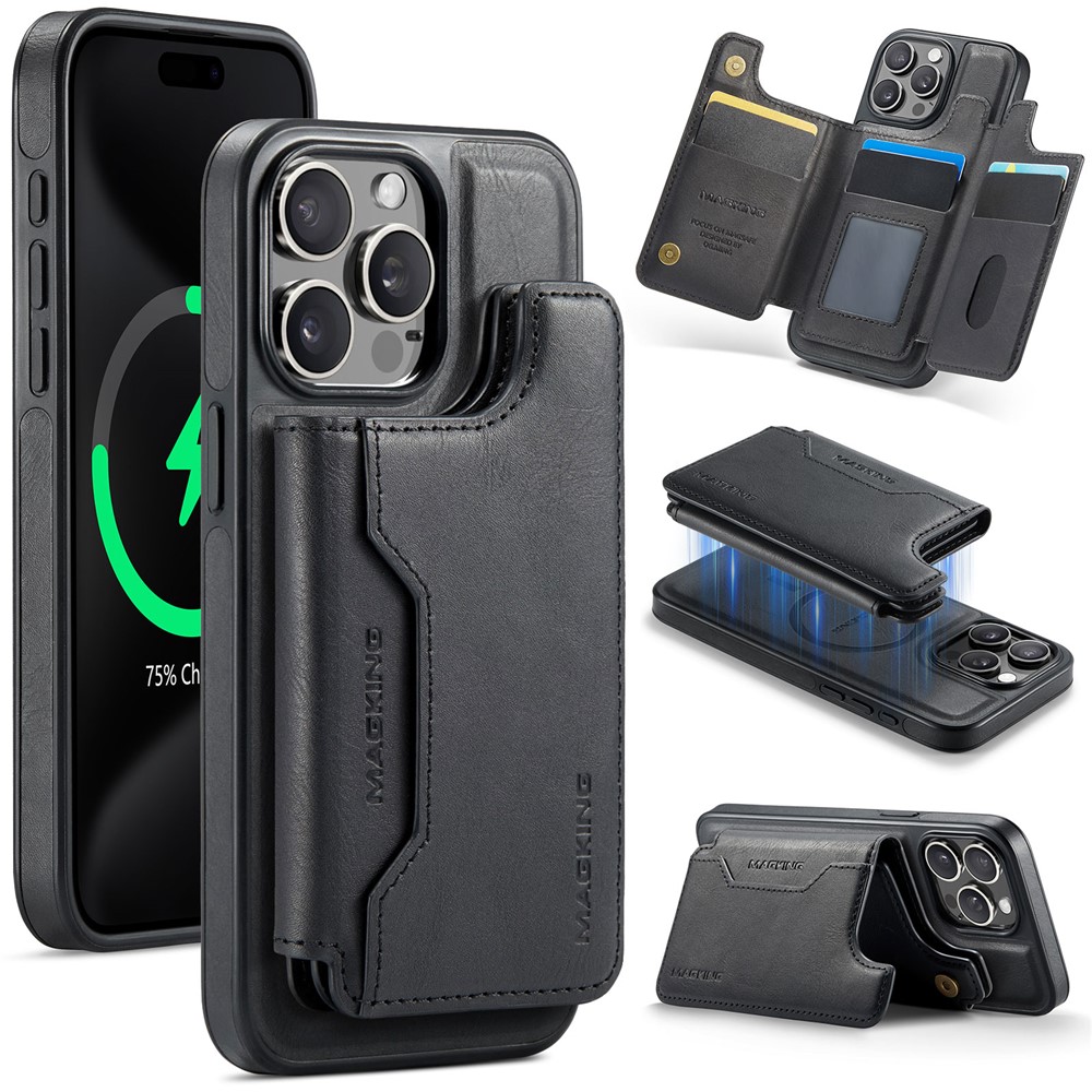 MAGKING K3 Series For iPhone 15 Pro Case Compatible with MagSafe Wallet PC + TPU + PU Phone Cover - Black