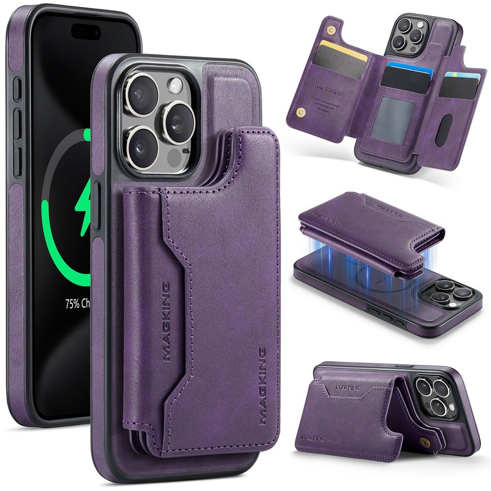 MAGKING K3 Series For iPhone 15 Pro Case Compatible with MagSafe Wallet PC + TPU + PU Phone Cover - Purple