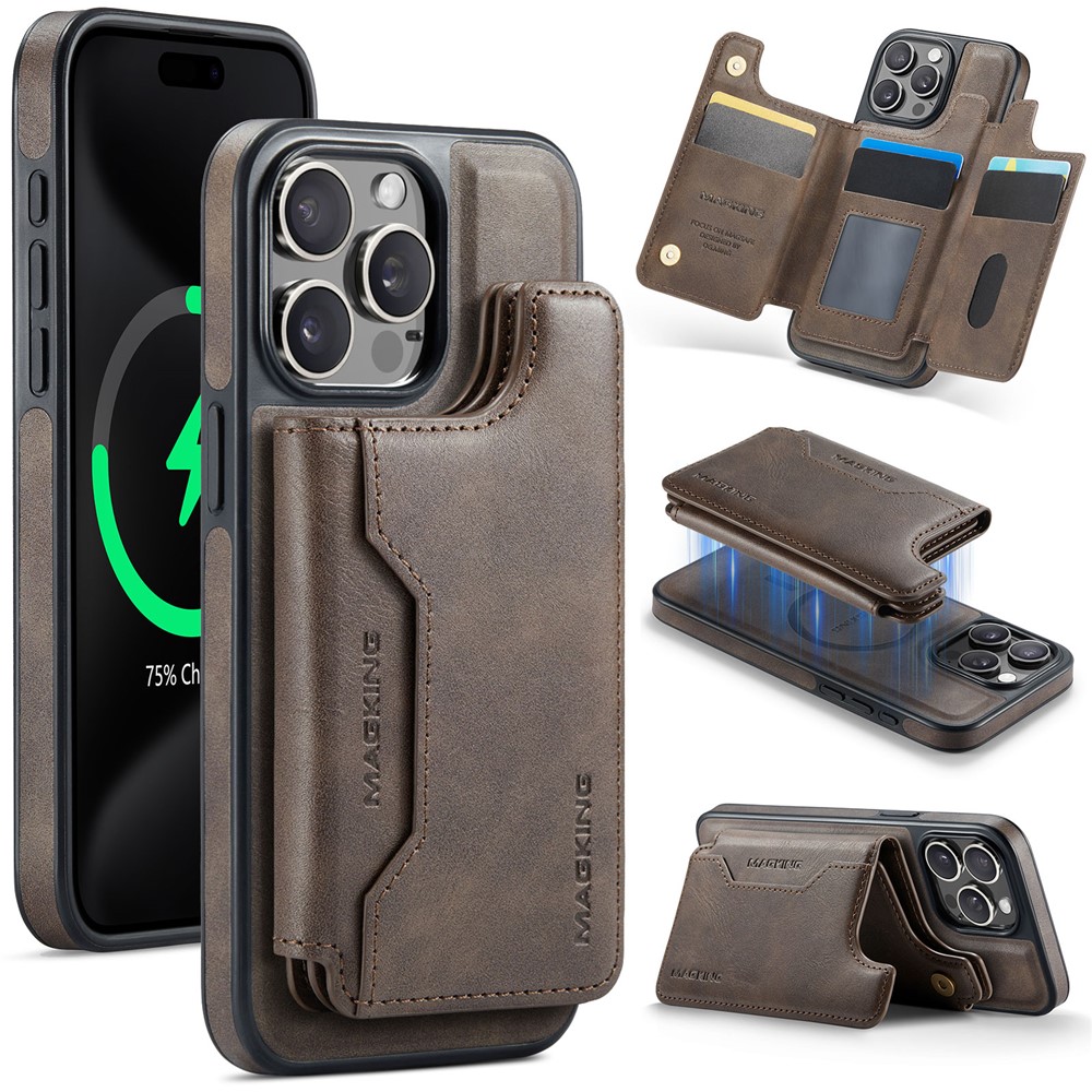 MAGKING K3 Series For iPhone 15 Pro Case Compatible with MagSafe Wallet PC + TPU + PU Phone Cover - Coffee