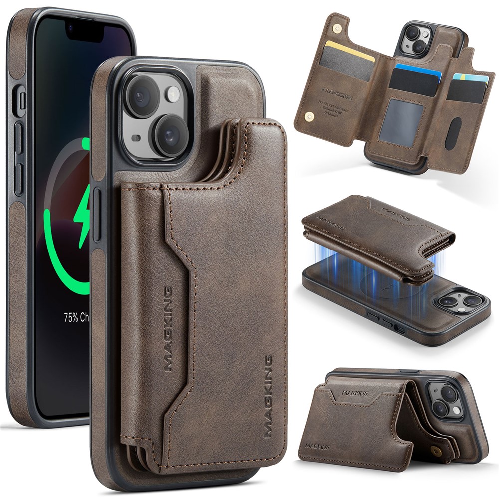 MAGKING K3 Series For iPhone 14 Case Compatible with MagSafe Wallet PC + TPU + PU Phone Cover - Coffee