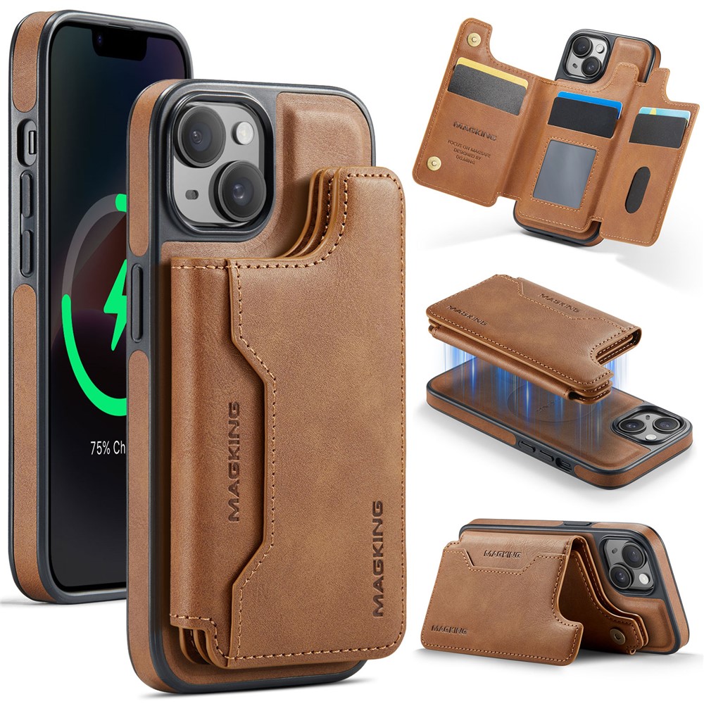 MAGKING K3 Series For iPhone 14 Case Compatible with MagSafe Wallet PC + TPU + PU Phone Cover - Brown