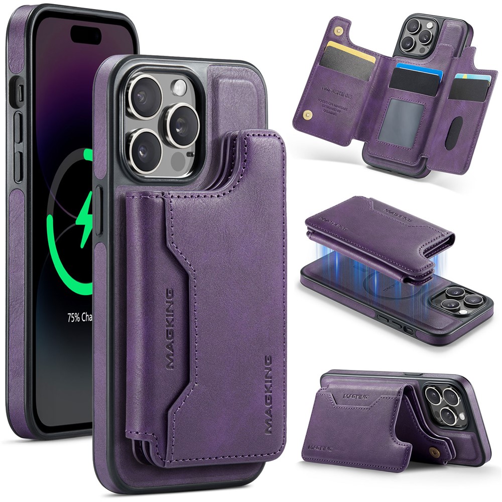 MAGKING K3 Series For iPhone 14 Pro Case Compatible with MagSafe Wallet PC + TPU + PU Phone Cover - Purple