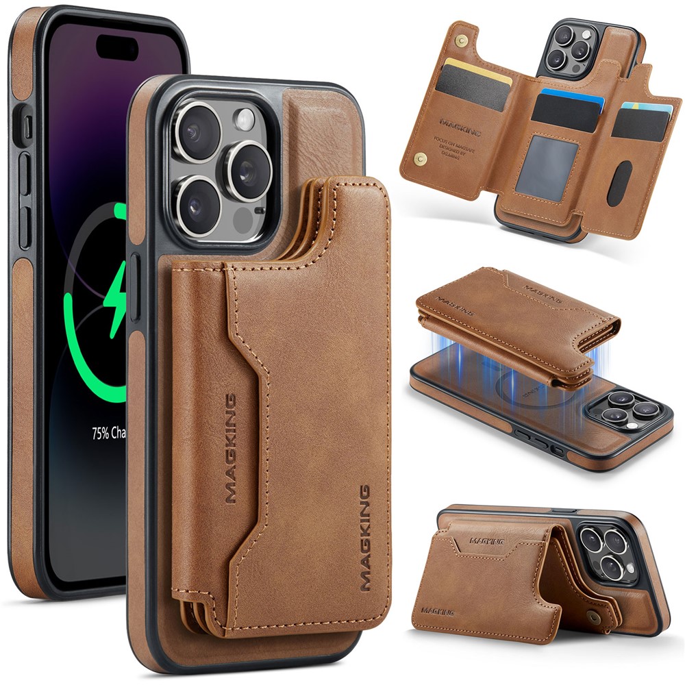 MAGKING K3 Series For iPhone 14 Pro Case Compatible with MagSafe Wallet PC + TPU + PU Phone Cover - Brown