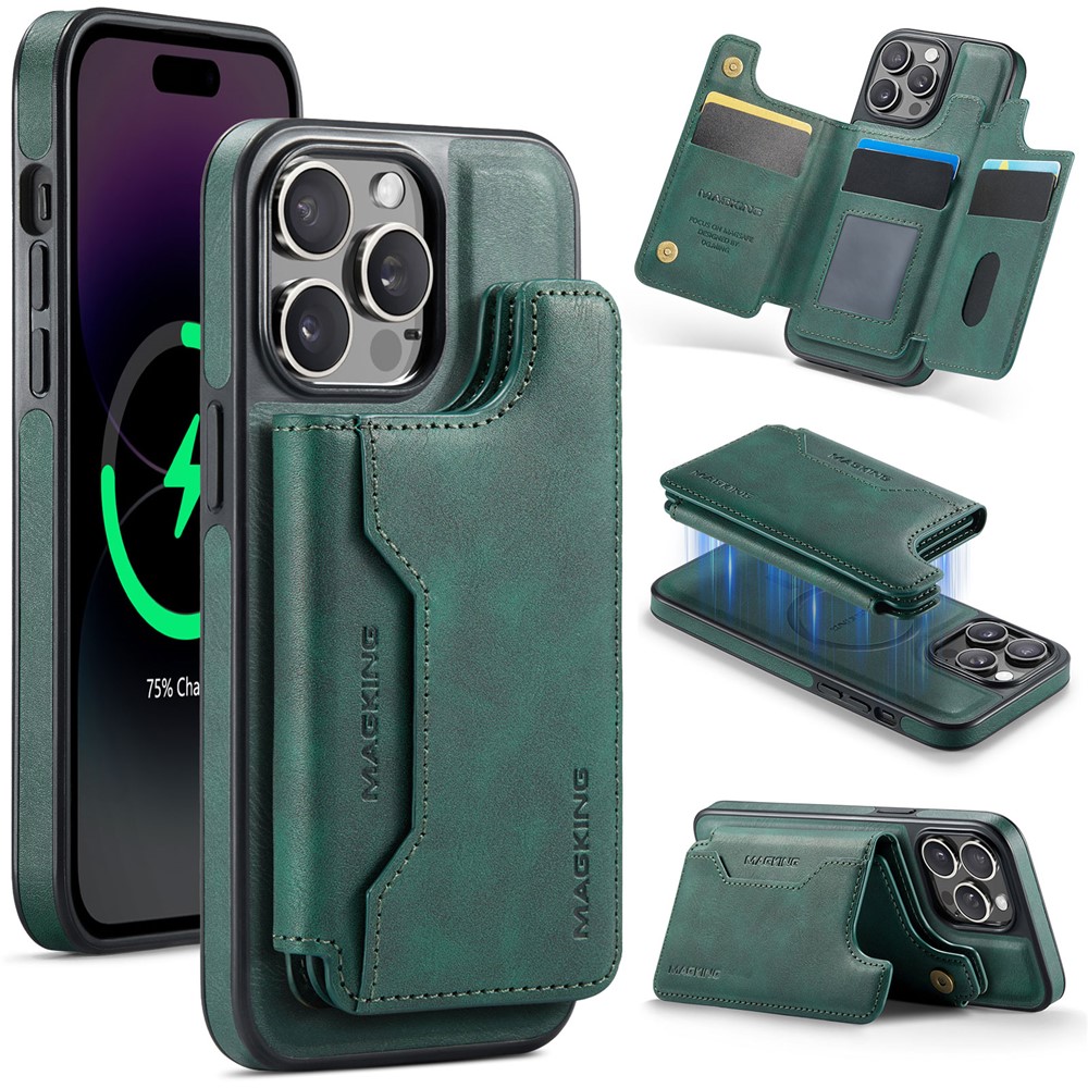 MAGKING K3 Series For iPhone 14 Pro Case Compatible with MagSafe Wallet PC + TPU + PU Phone Cover - Green