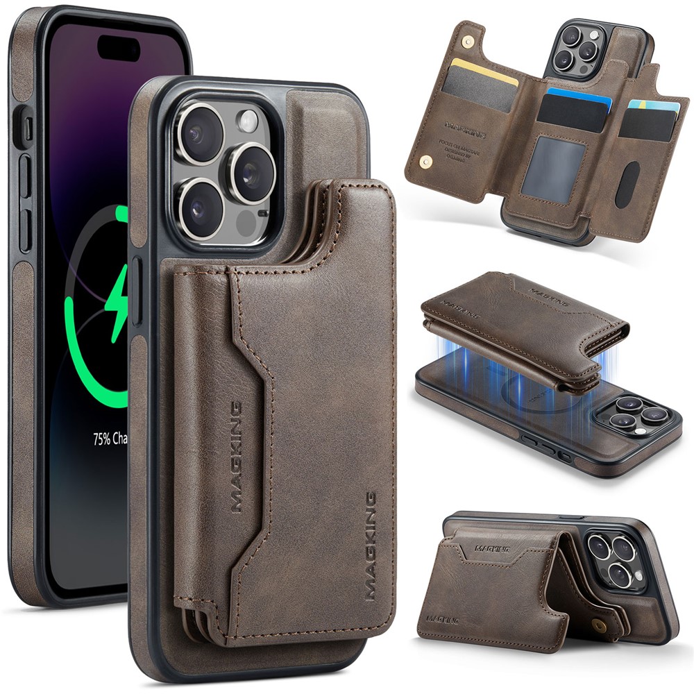 MAGKING K3 Series For iPhone 14 Pro Max Case Compatible with MagSafe Wallet PC + TPU + PU Phone Cover - Coffee