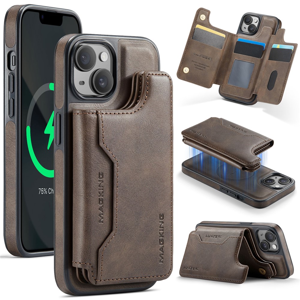 MAGKING K3 Series For iPhone 13 Case Compatible with MagSafe Wallet PC + TPU + PU Phone Cover - Coffee