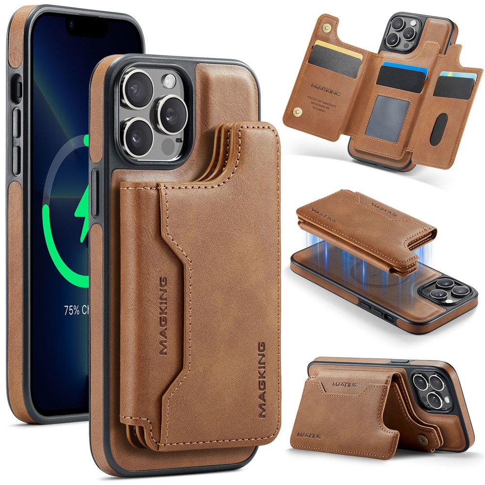 MAGKING K3 Series For iPhone 13 Pro Max Case Compatible with MagSafe Wallet PC + TPU + PU Phone Cover - Brown