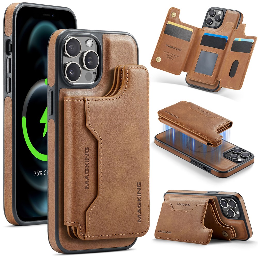 MAGKING K3 Series For iPhone 12 Pro Case Compatible with MagSafe Wallet PC + TPU + PU Phone Cover - Brown