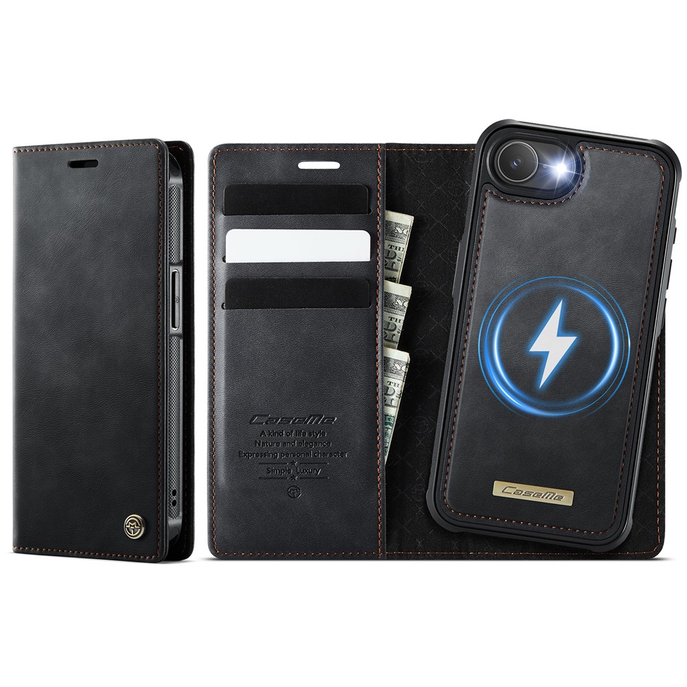 For iPhone 16e Case CASEME C49  Compatible with MagSafe RFID Blocking Detachable Wallet Leather Phone Cover - Black