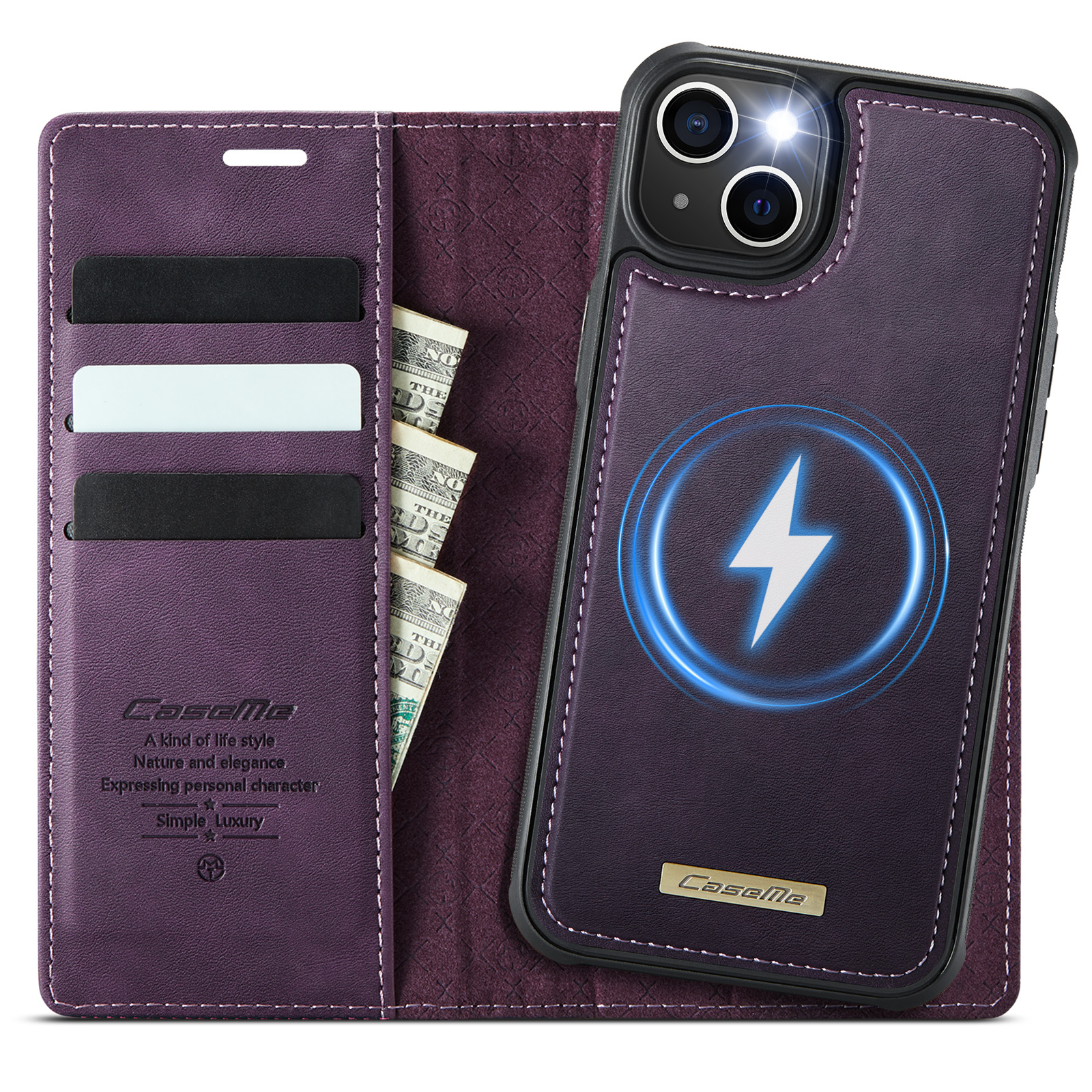 For iPhone 15 Case CASEME C49  Compatible with MagSafe RFID Blocking Detachable Wallet Leather Phone Cover - Purple