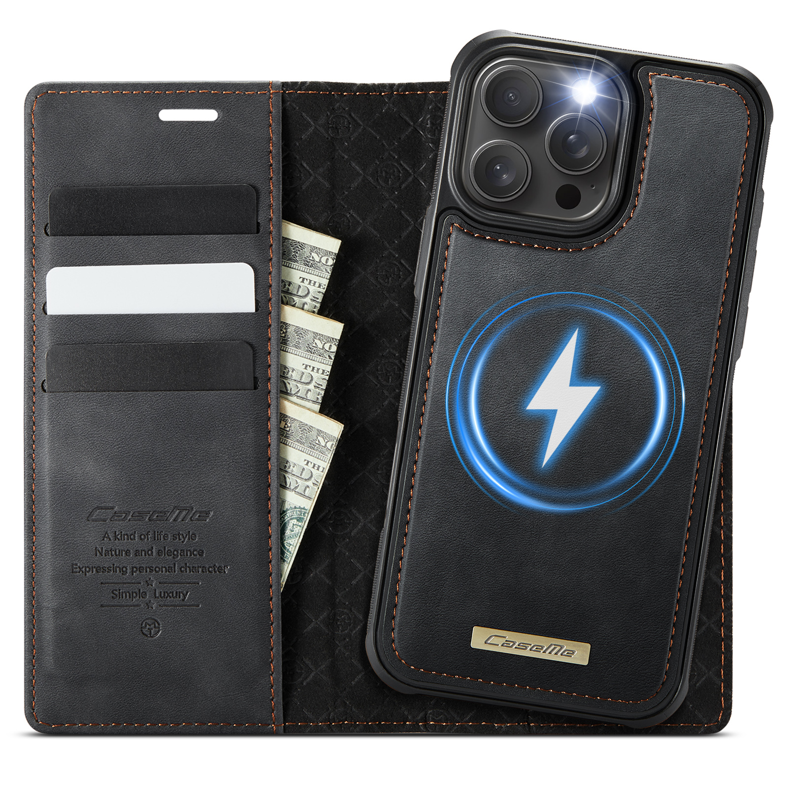 For iPhone 15 Pro Case CASEME C49  Compatible with MagSafe RFID Blocking Detachable Wallet Leather Phone Cover - Black