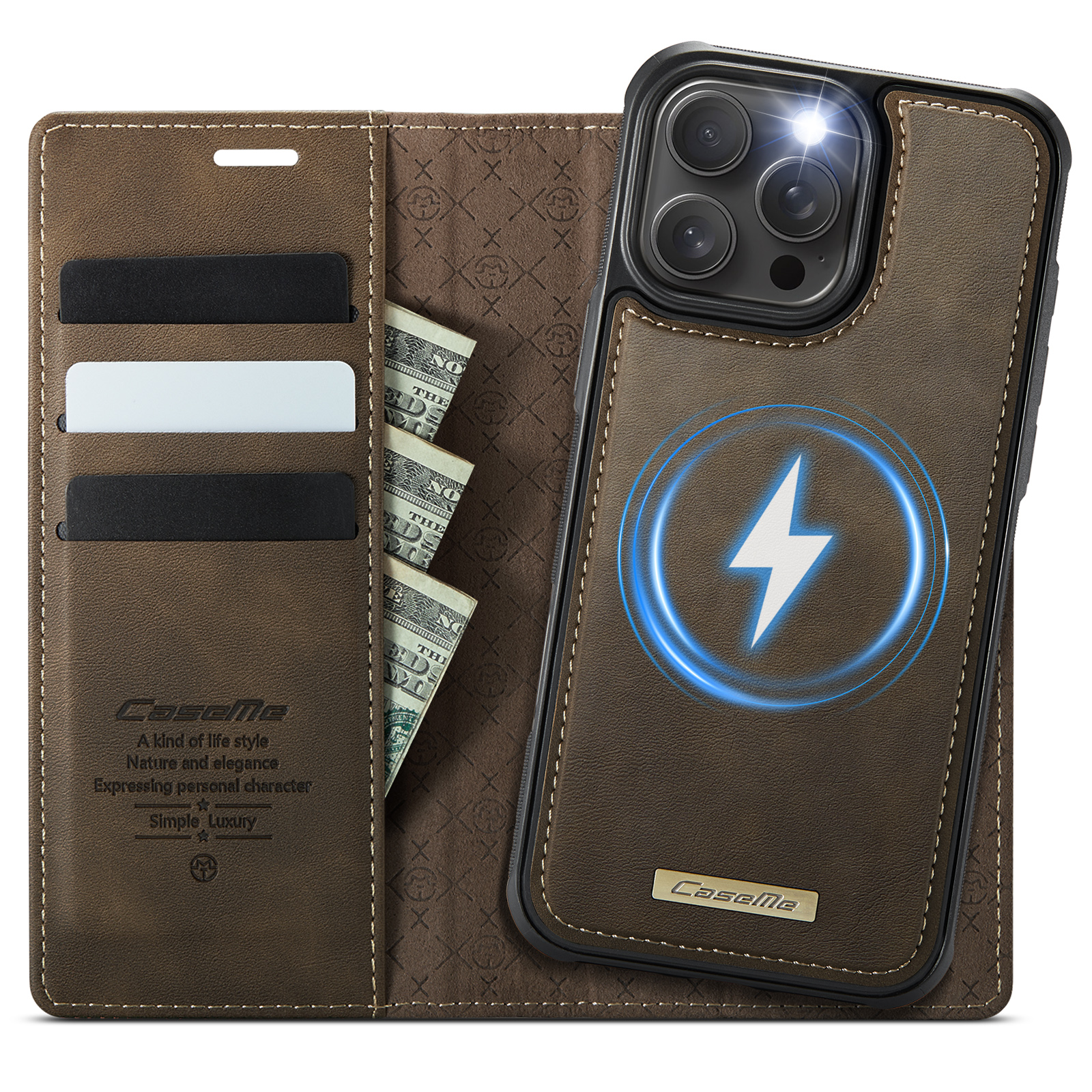 For iPhone 15 Pro Case CASEME C49  Compatible with MagSafe RFID Blocking Detachable Wallet Leather Phone Cover - Coffee