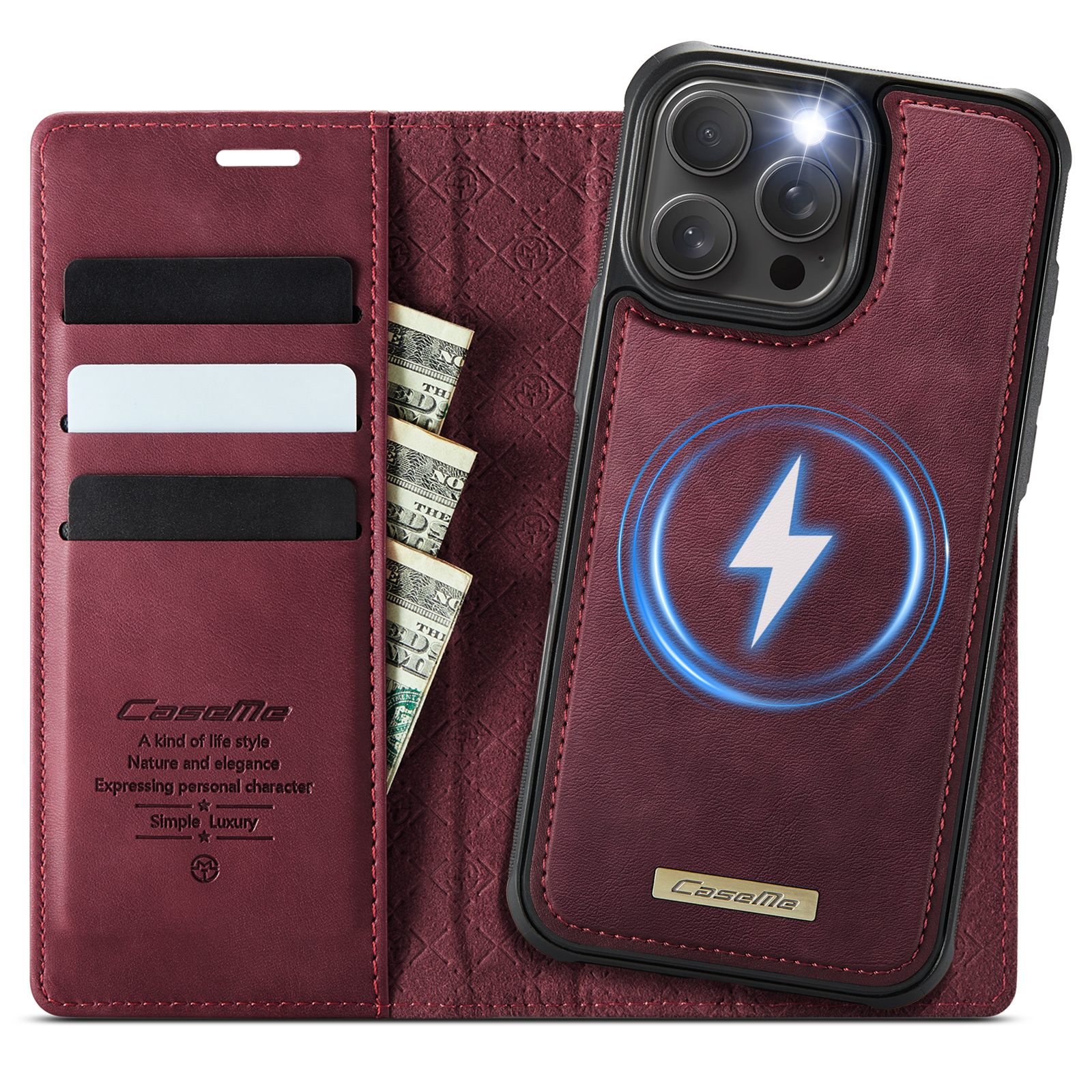 For iPhone 15 Pro Case CASEME C49  Compatible with MagSafe RFID Blocking Detachable Wallet Leather Phone Cover - Red