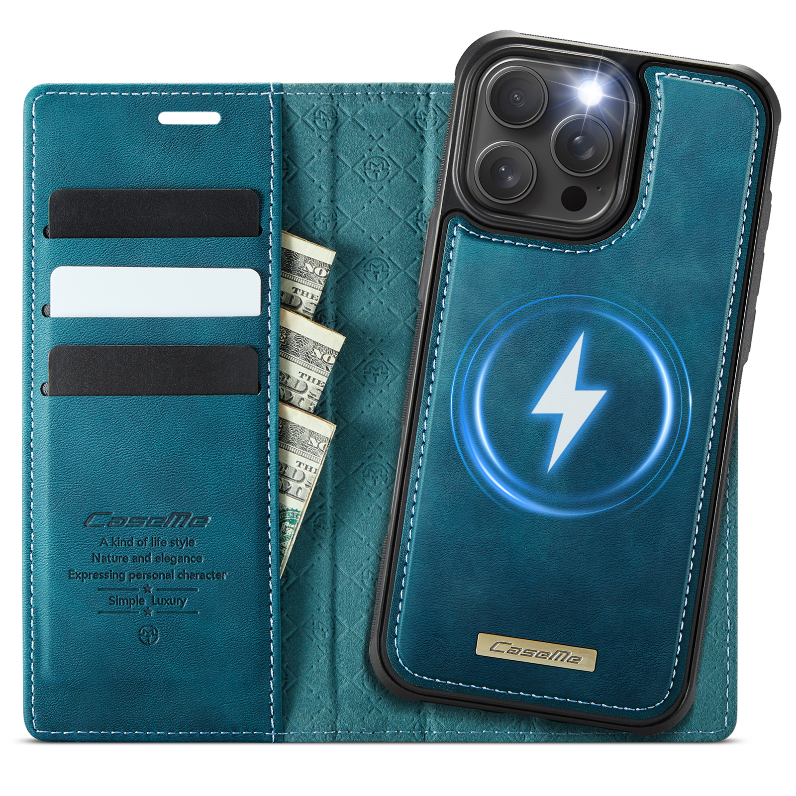 For iPhone 15 Pro Case CASEME C49  Compatible with MagSafe RFID Blocking Detachable Wallet Leather Phone Cover - Green