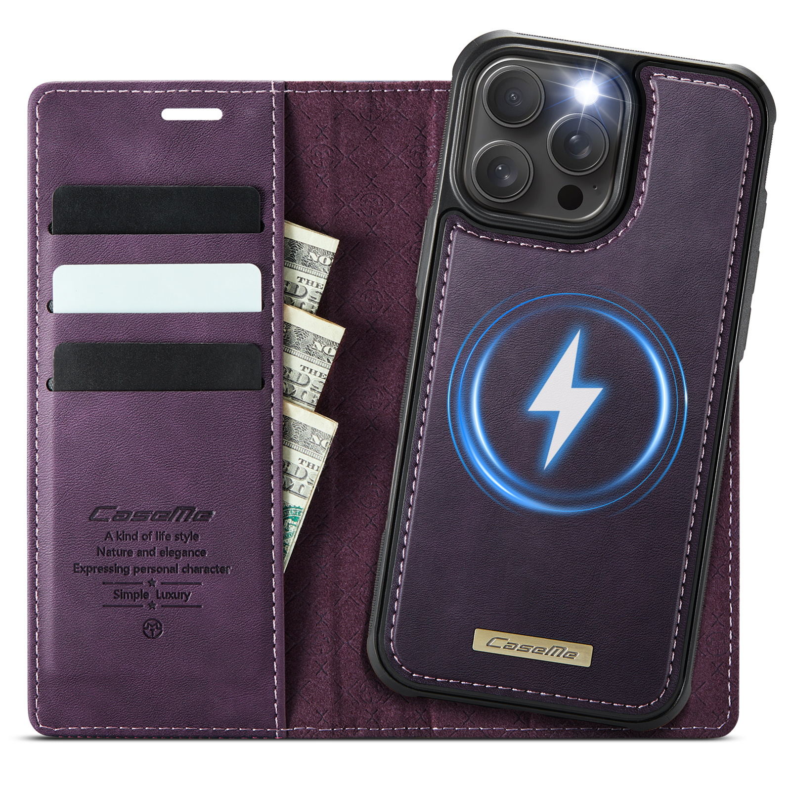 For iPhone 15 Pro Case CASEME C49  Compatible with MagSafe RFID Blocking Detachable Wallet Leather Phone Cover - Purple