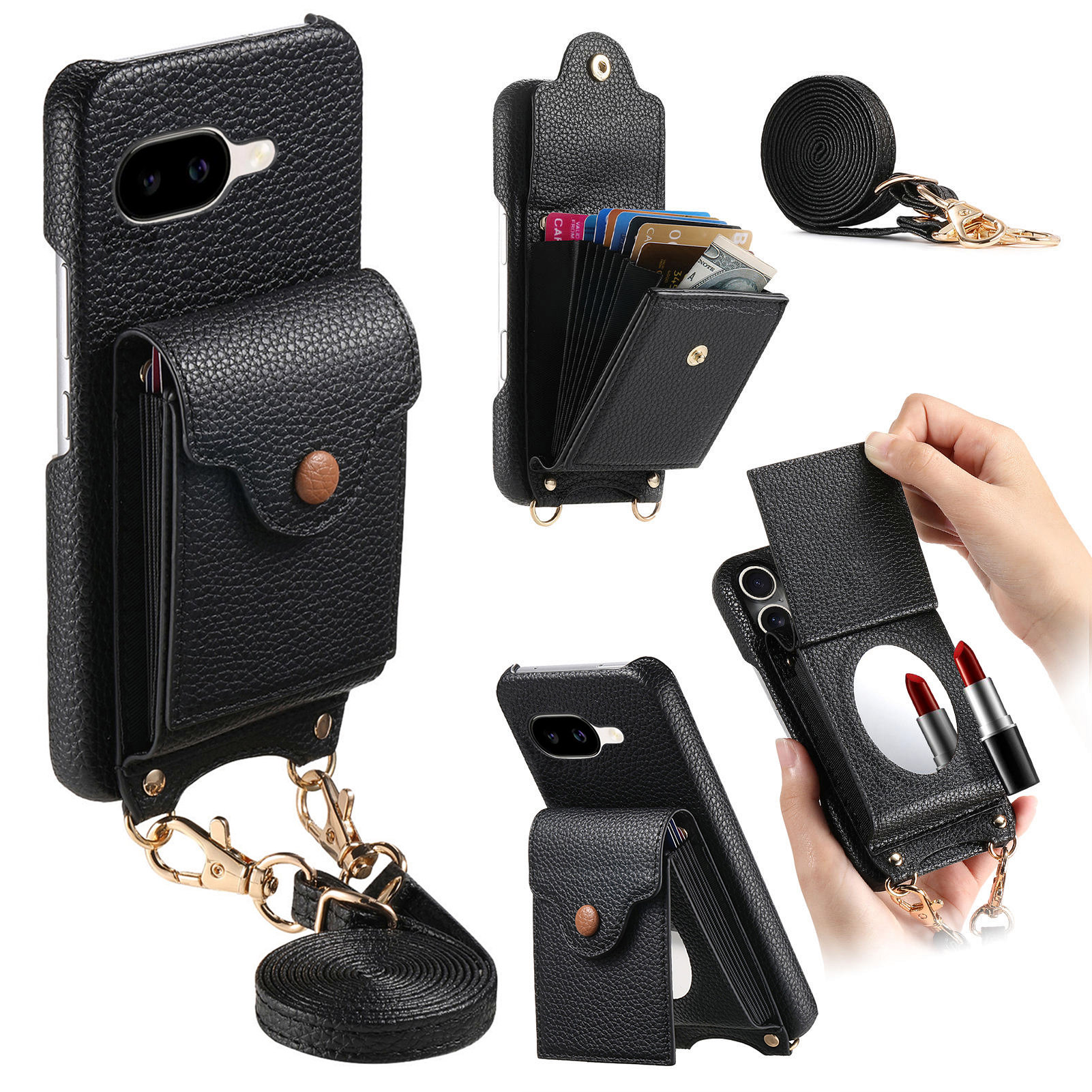 For Google Pixel 9a Case Mirror Card Holder Litchi Texture Leather Phone Back Cover with Long Strap - Black