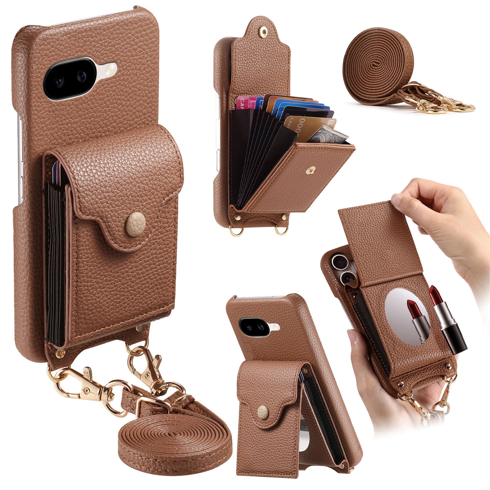 For Google Pixel 9a Case Mirror Card Holder Litchi Texture Leather Phone Back Cover with Long Strap - Brown