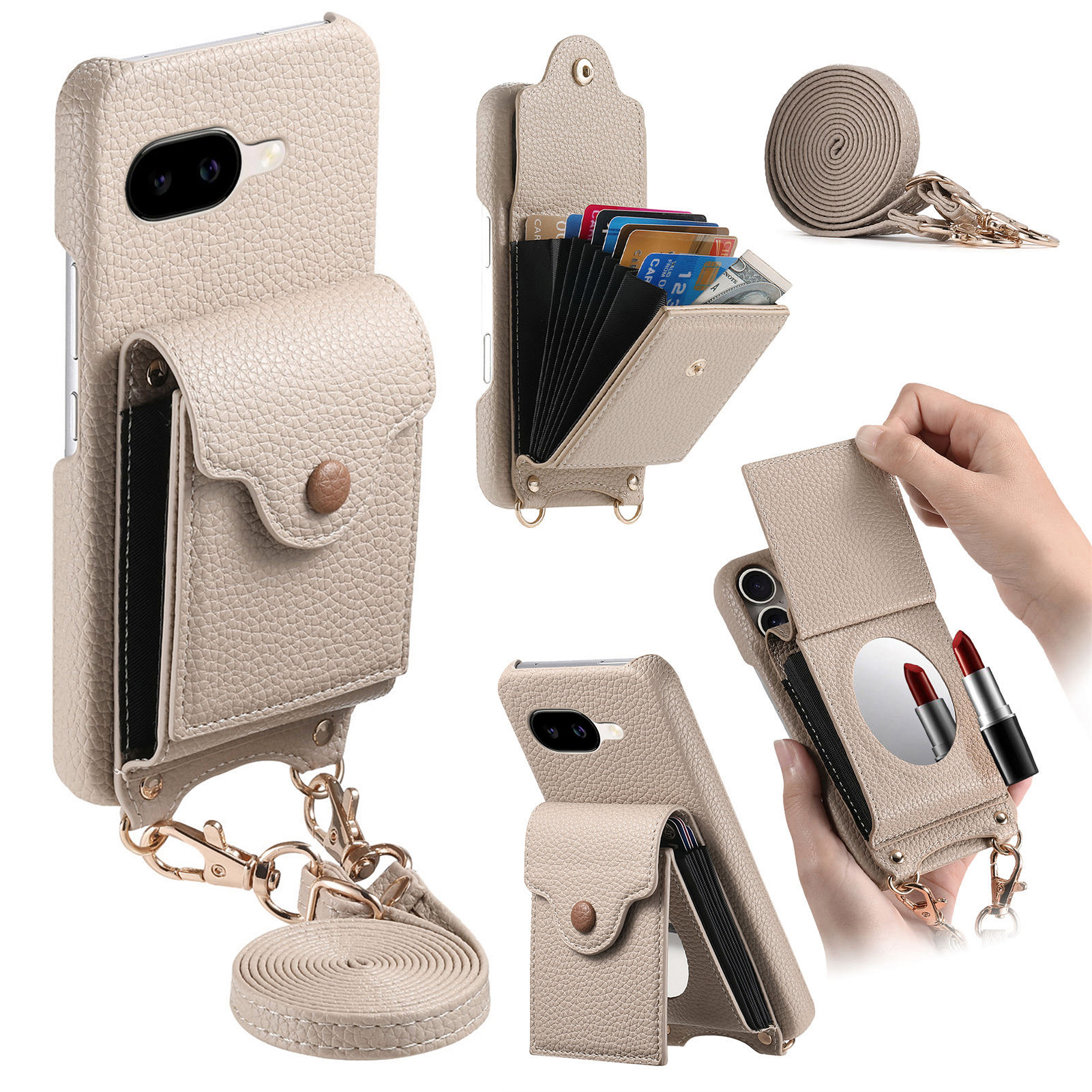 For Google Pixel 9a Case Mirror Card Holder Litchi Texture Leather Phone Back Cover with Long Strap - Khaki Gray