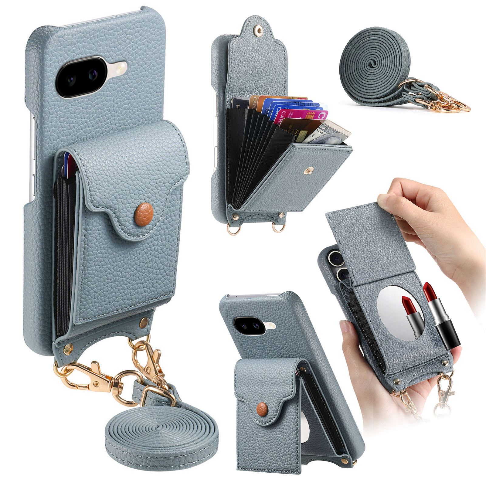 For Google Pixel 9a Case Mirror Card Holder Litchi Texture Leather Phone Back Cover with Long Strap - Light Blue