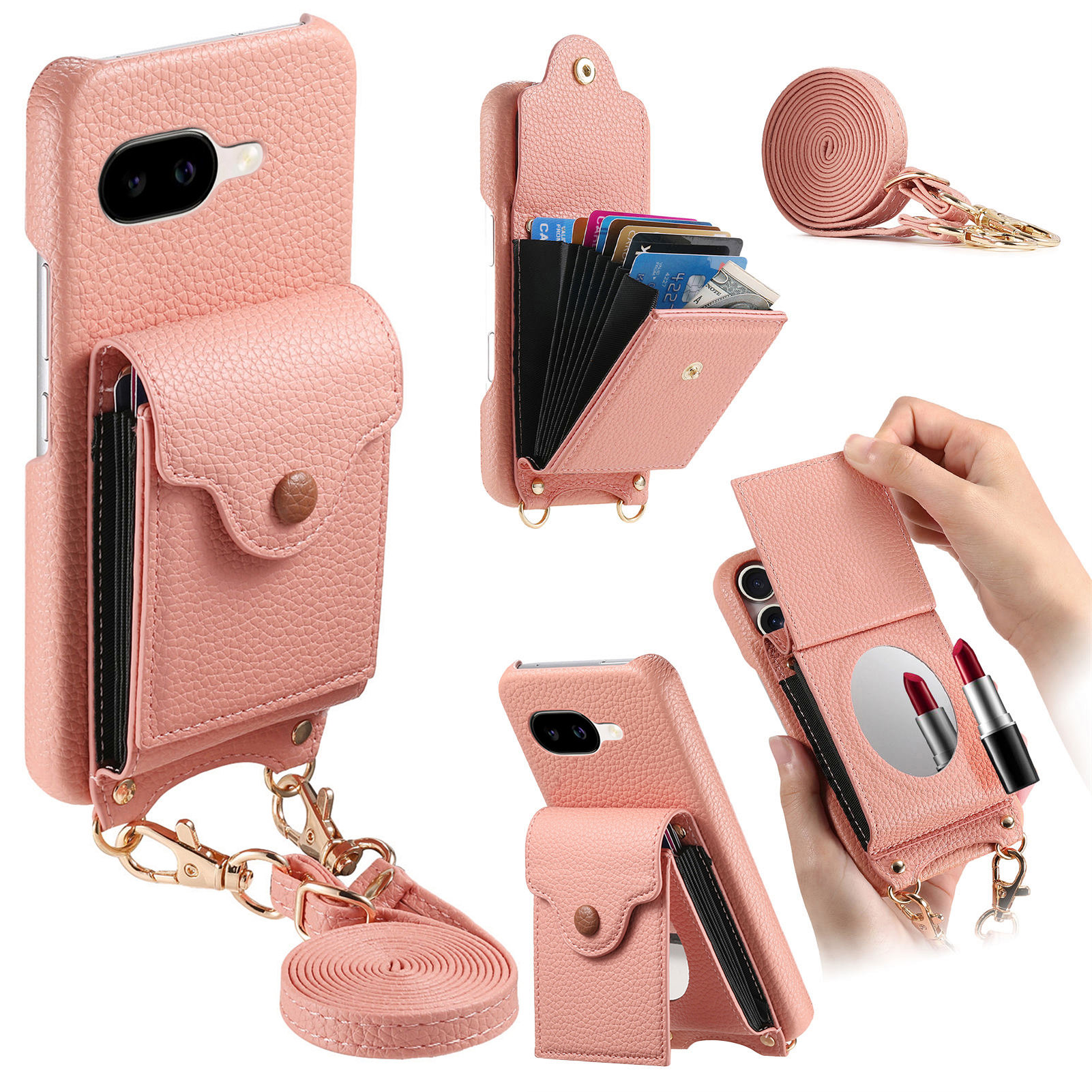For Google Pixel 9a Case Mirror Card Holder Litchi Texture Leather Phone Back Cover with Long Strap - Pink