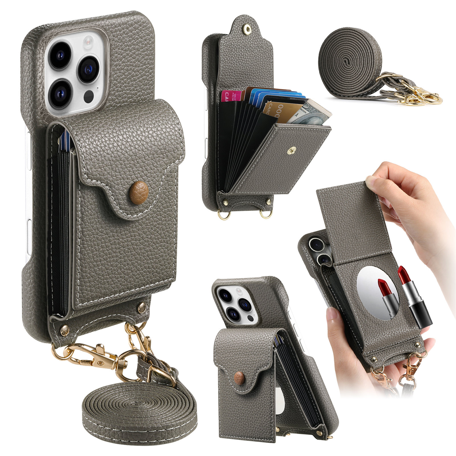 For iPhone 16 Pro Case Mirror Card Holder Litchi Texture Leather Phone Back Cover with Long Strap - Silvery Grey