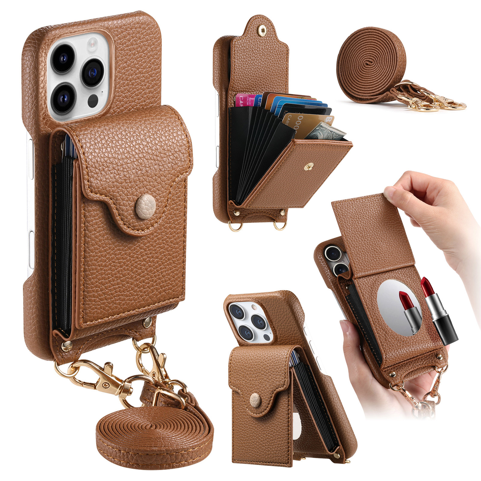 For iPhone 16 Pro Case Mirror Card Holder Litchi Texture Leather Phone Back Cover with Long Strap - Brown