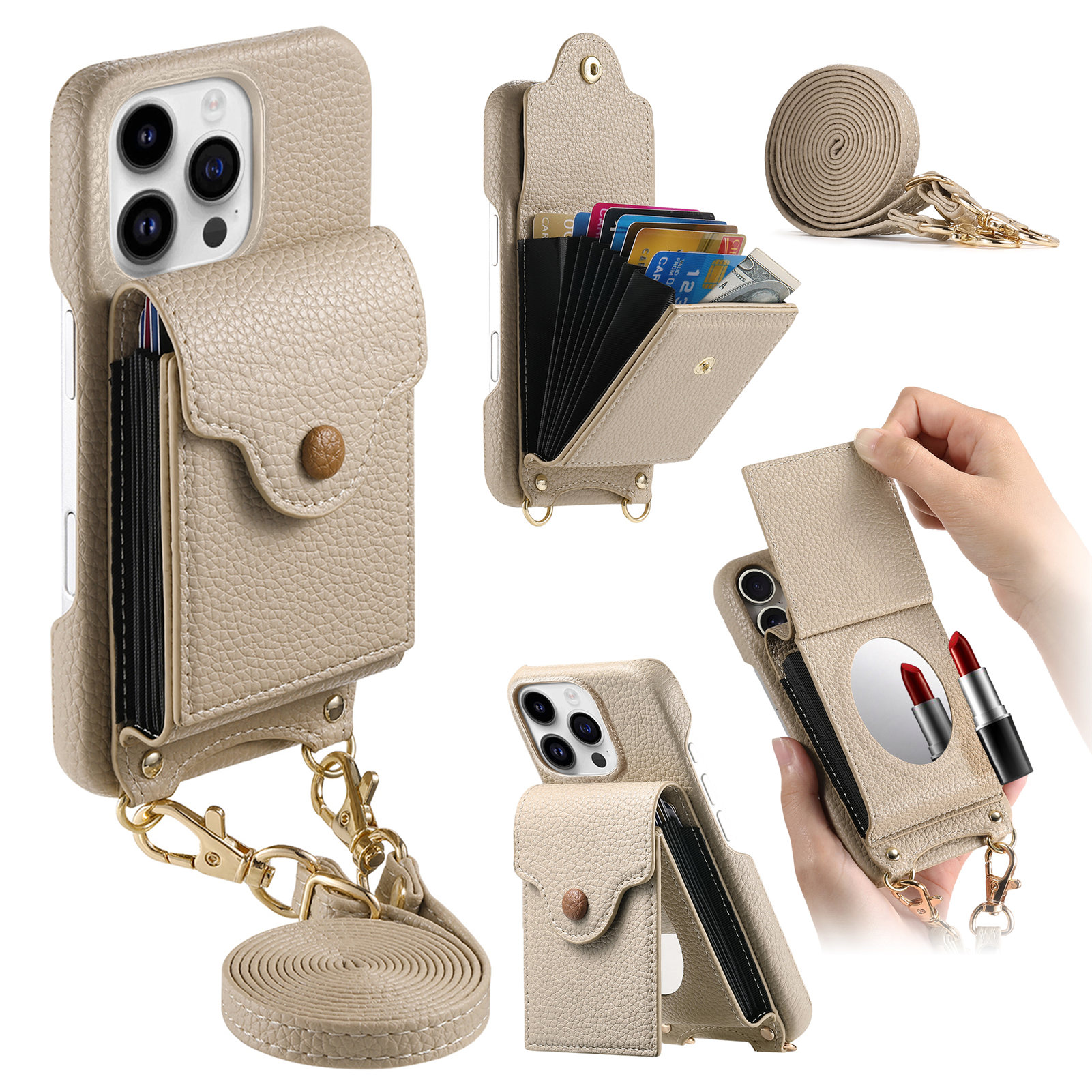 For iPhone 16 Pro Case Mirror Card Holder Litchi Texture Leather Phone Back Cover with Long Strap - Khaki Gray