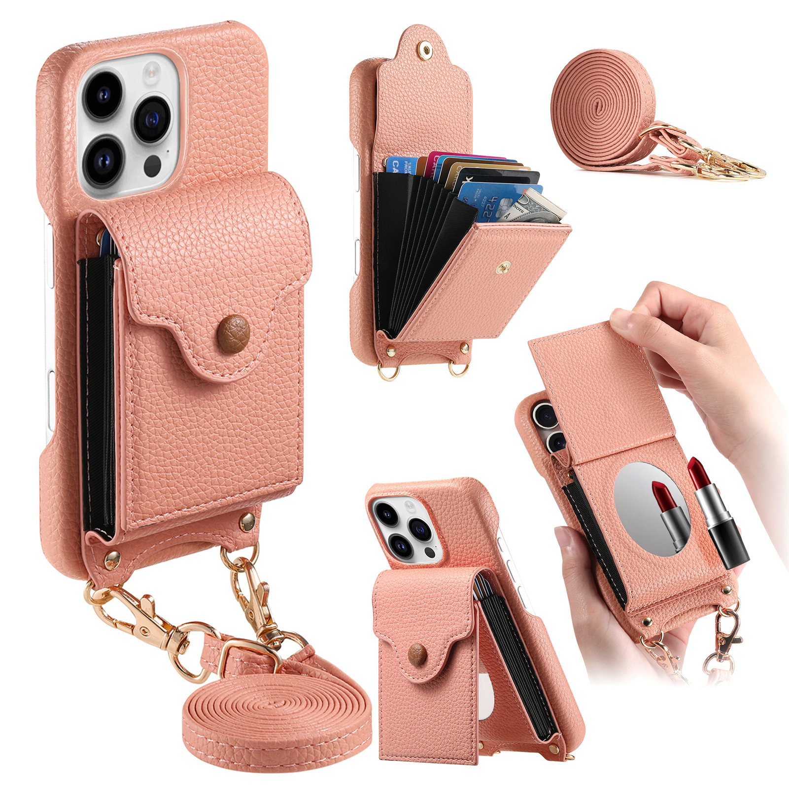 For iPhone 16 Pro Case Mirror Card Holder Litchi Texture Leather Phone Back Cover with Long Strap - Pink