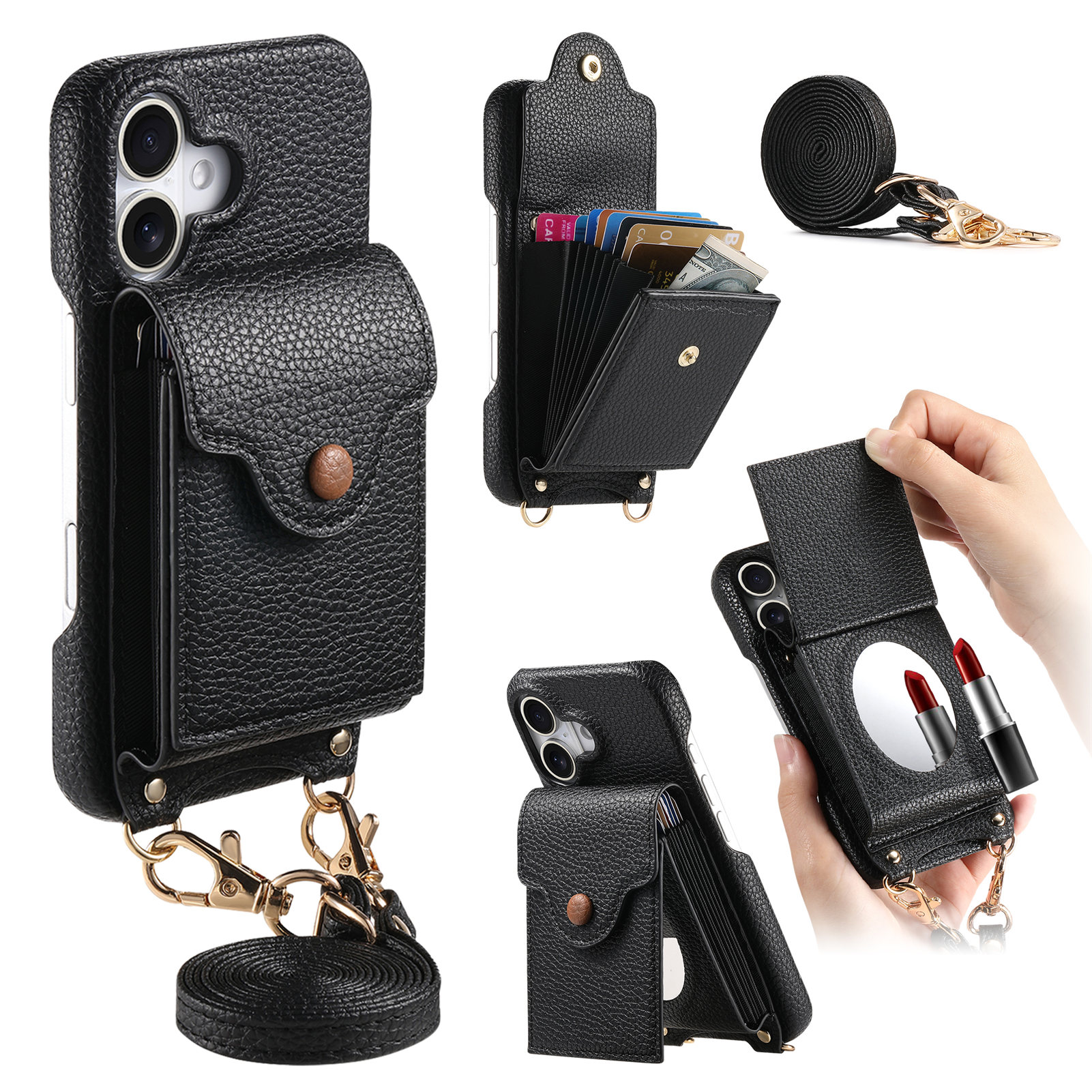 For iPhone 16 Case Mirror Card Holder Litchi Texture Leather Phone Back Cover with Long Strap - Black