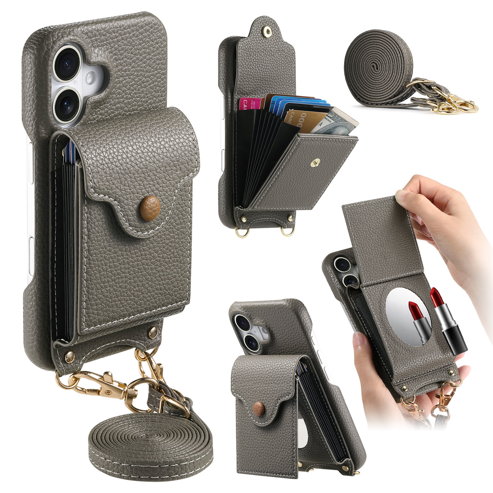 For iPhone 16 Case Mirror Card Holder Litchi Texture Leather Phone Back Cover with Long Strap - Silvery Grey