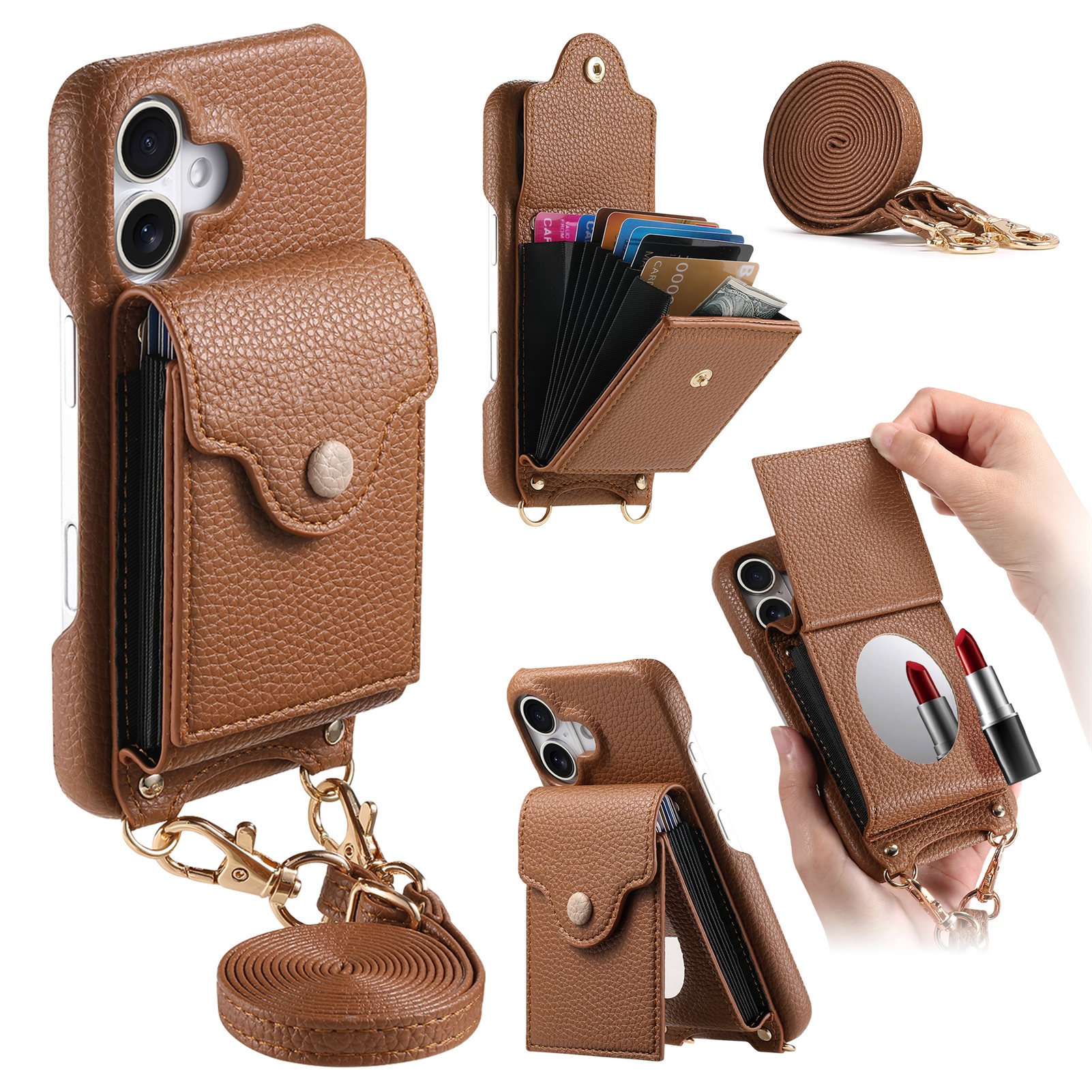 For iPhone 16 Case Mirror Card Holder Litchi Texture Leather Phone Back Cover with Long Strap - Brown