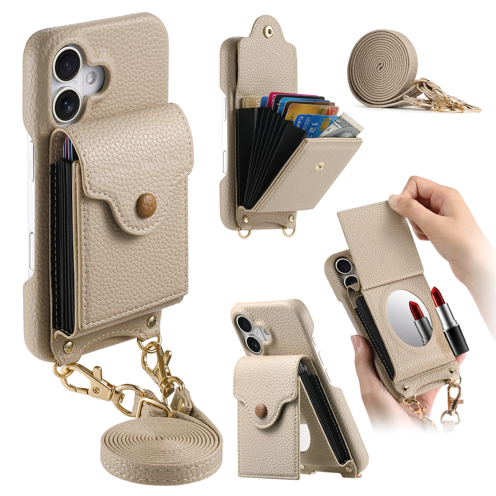 For iPhone 16 Case Mirror Card Holder Litchi Texture Leather Phone Back Cover with Long Strap - Khaki Gray
