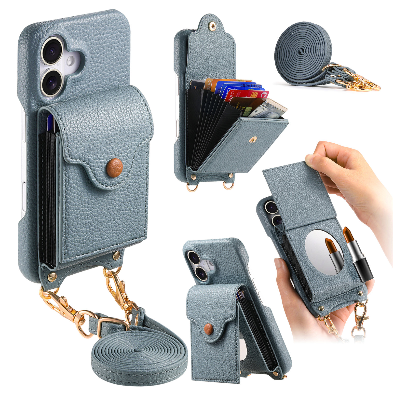 For iPhone 16 Case Mirror Card Holder Litchi Texture Leather Phone Back Cover with Long Strap - Light Blue