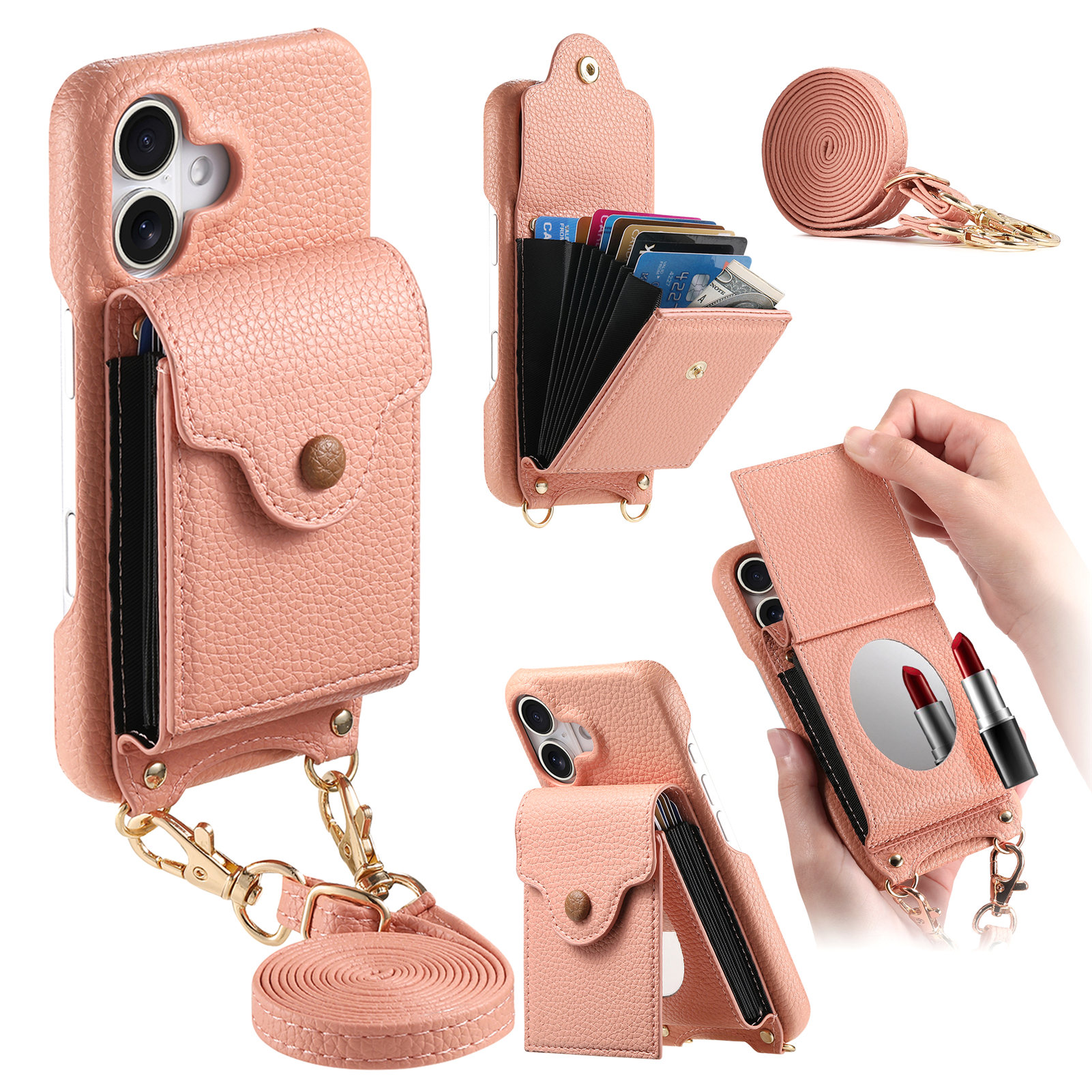 For iPhone 16 Case Mirror Card Holder Litchi Texture Leather Phone Back Cover with Long Strap - Pink